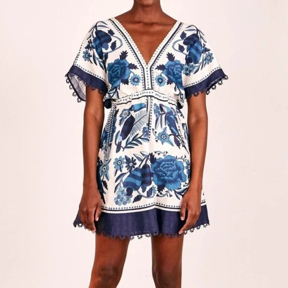 Farm Rio Tropical Tiles mini dress Blue White Print